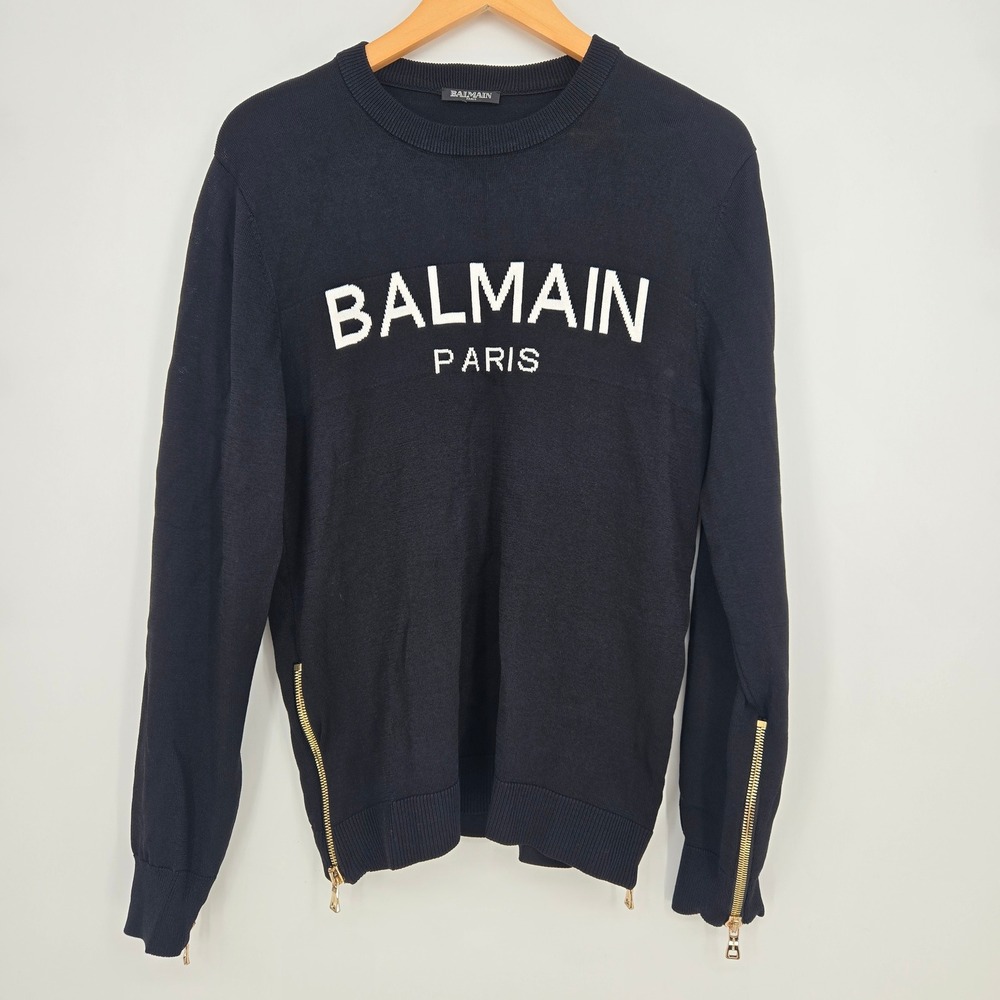 Balmain Paris Men's Oversized S Black Knit Logo Sweater Gold Side Zip Designer